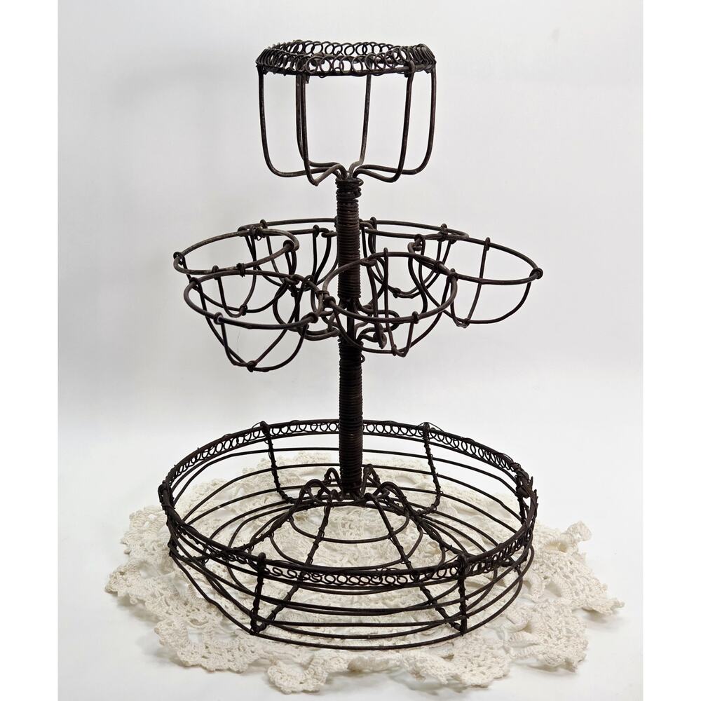 Antique French Wire Egg Caddy Intricate Metalwork Holds One Dozen Eggs RARE